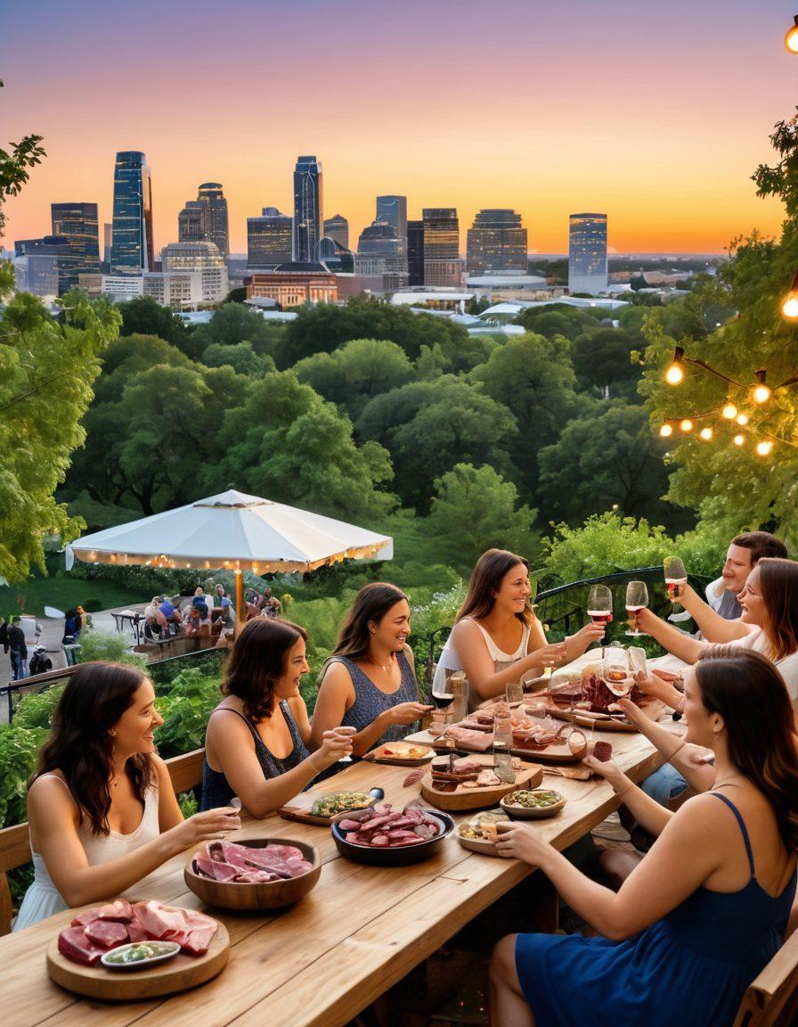 An inviting outdoor wine tasting event in Arlington, with diverse people clinking glasses, surrounded by lush green trees and fairy lights. A large wooden table laden with charcuterie boards, wine glasses, and informational brochures about wine education. In the background, the iconic Arlington skyline is visible under a sunset sky. The atmosphere is warm and lively, capturing a sense of community and joy. super-realistic. vibrant colors. 3D.