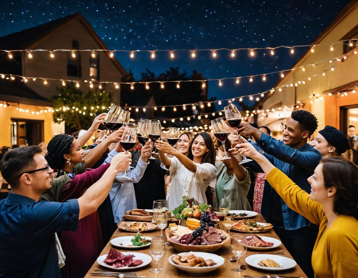 A vibrant community evening in Arlington featuring diverse groups of people toasting with glasses of wine, surrounded by colorful banners representing local cultures. A background of festively decorated tables with wine bottles and charcuterie boards, under a starlit sky. Incorporate a sense of joy and togetherness, emphasizing the cultural richness of the event. super-realistic. vibrant colors. night setting.