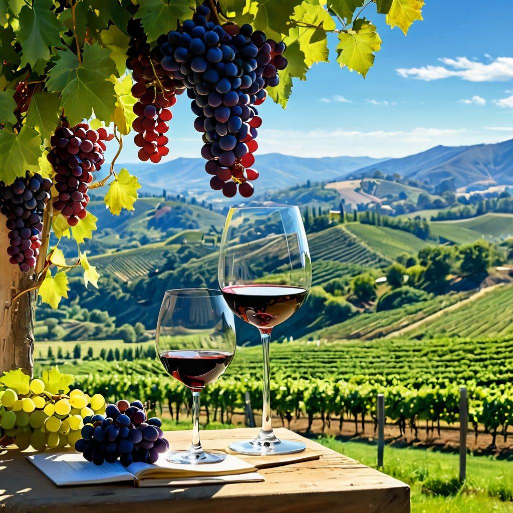 A vibrant vineyard scene with diverse individuals of various ages engaged in a wine tasting event, showcasing educational materials about wine appreciation. Grapes hanging from lush green vines and an elegant wine glass in the foreground, highlighting the transformation from grape to wine. The backdrop features rolling hills and a clear blue sky, symbolizing growth and learning. bright colors. painterly style.